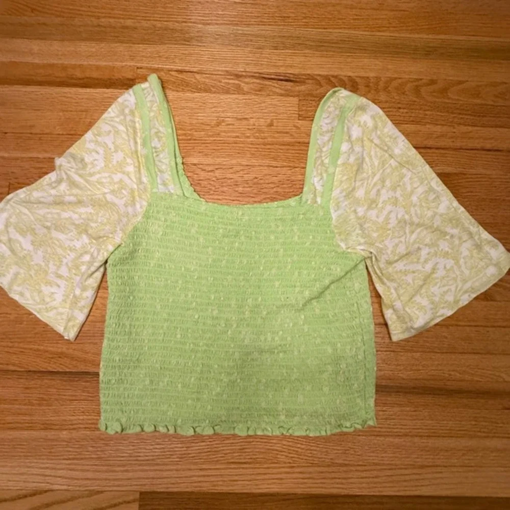 Free People XL Green‎ Smocked Crop Top Puff Sleeve Boho Festival